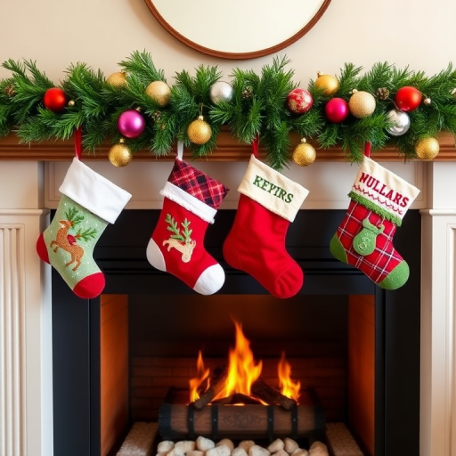 Generate an image of a festive fireplace mantel decorated for the holidays. Include four Christmas stockings hanging from the mantel, each with a unique design. The mantel should be adorned with a garland of greenery and colorful ornaments, creating a warm and cheerful atmosphere.
