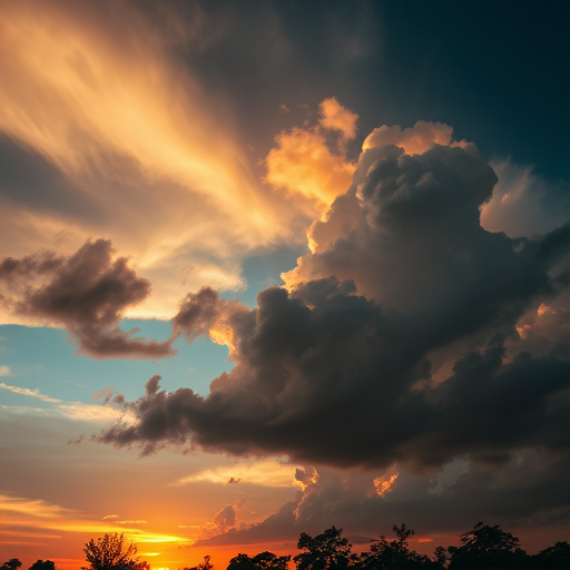 Capture a dramatic sunset sky filled with dynamic clouds, using a DSLR camera, ISO 100, f/8 aperture, 1/200 sec shutter speed, shot from a low angle view to emphasize the cloud textures and silhouettes of trees.