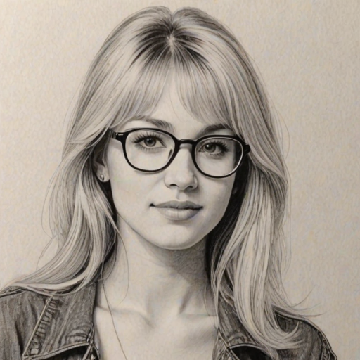 Sublime Hannah Montana, pencil sketch, portrait of Beauteous woman 1980s in glasses, hair style beatnik, outline, clear lines, fine lines, 8k