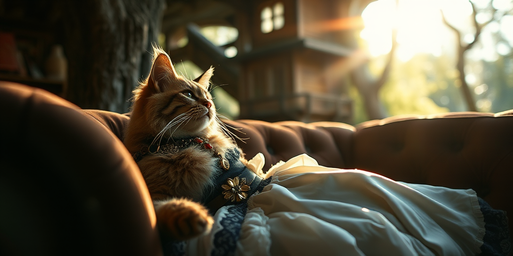 solo, furry, cat, hybrid, curvy, laying in a sofa, tree house, sunny, medieval fantasy, wearing dress, low light, depth of field, highly detailed, high contrast, film grain, Rim Lighting, Long Exposure, DSLR