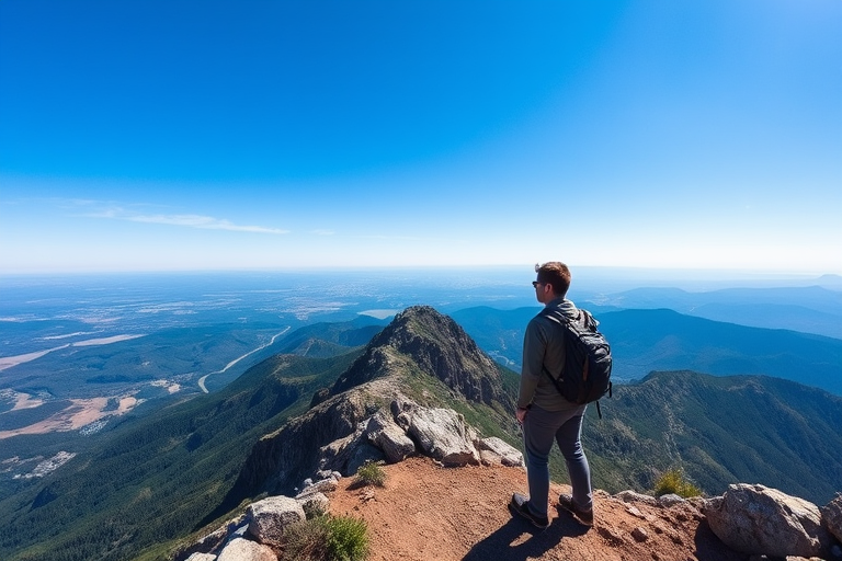 Stunning view from a mountaintop, with sweeping landscapes stretching into the distance, a hiker taking a moment to appreciate the breathtaking scenery under a clear blue sky.