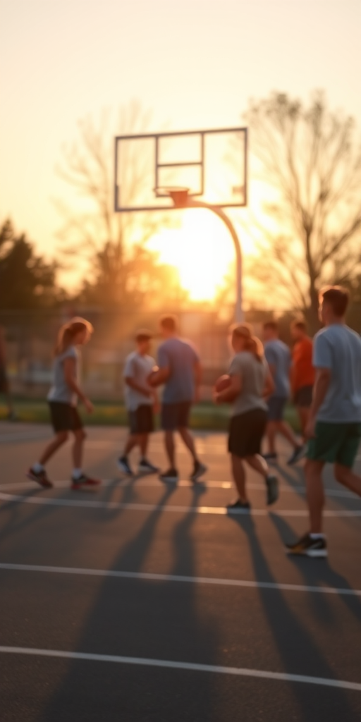Blurry candid shot of a group of teenagers playing basketball on an outdoor court at sunset, soft golden light casting long shadows on the asphalt, with a basketball hoop and trees barely visible in the background.