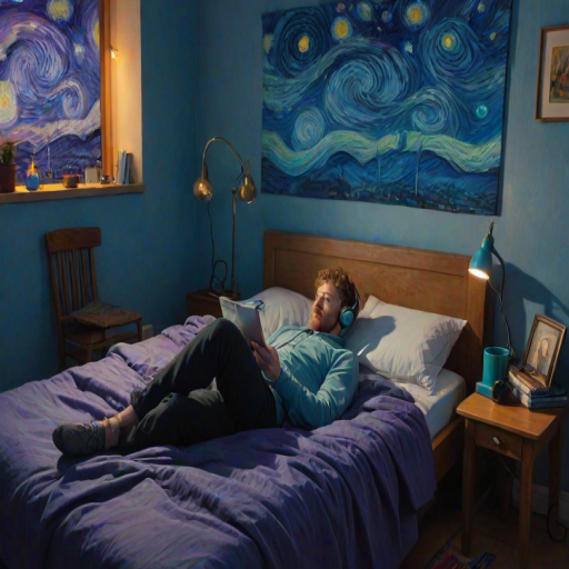A top-down Van Gogh-style painting of a young man lying on his bed, listening to music with headphones. The room is softly lit with deep blues and purples, creating a peaceful nighttime atmosphere. The bed has a soft pillow, and the man's arms are resting behind his head. Around the bed, various glowing gadgets such as a smartphone, a laptop, and a small lamp are visible, casting a gentle light. The rest of the bedroom includes a desk with books, a chair, and a small rug on the floor. A window near the bed reveals a starry night sky with swirling stars, reminiscent of Van Gogh's 'Starry Night.' On the desk, there is a sketchbook with colorful drawings, a cup of coffee steaming gently, and a small potted plant. The walls have posters of famous paintings and a corkboard with pinned notes and photos. The scene is full of dynamic, swirling brushstrokes, capturing the essence of Van Gogh's unique style. The overall mood is serene and contemplative, with a touch of artistic inspiration.