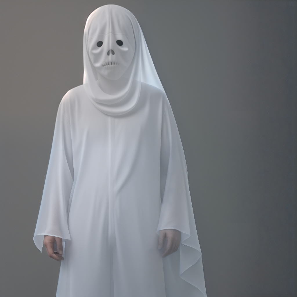 A Mysterious Figure in a White Hooded Costume with Skull Face