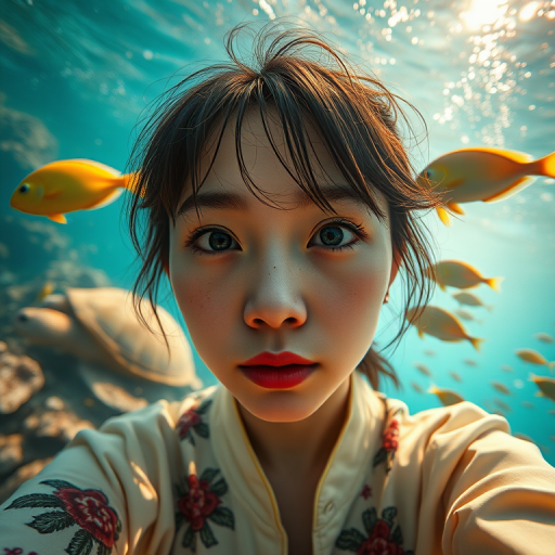 Realistic selfie image of a Chinese, wearing a vintage outfit, detailed dreamy eyes, droopy hooded eyes, staring at the camera, taken underwater at coral reef with a sunbeam filtering through the water, vibrant, summer vacation, natural lighting, turtle and school of tropical fish with vibrant colors, rendered in the style of CryEngine, Pegi Nicol MacLeod, with realistic genre scenes, hauntingly beautiful narratives, ultra-realism, and Thomas Saliot's close-up technique, 8K resolution, crystal clear and sparkling water.