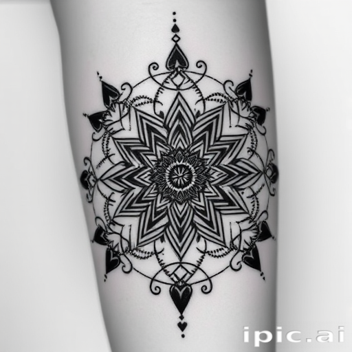 Blackwork sacred geometry tattoo featuring intricate mandala patterns and mystical symbols, gradually fading from solid black to delicate dotwork for a mesmerizing visual effect