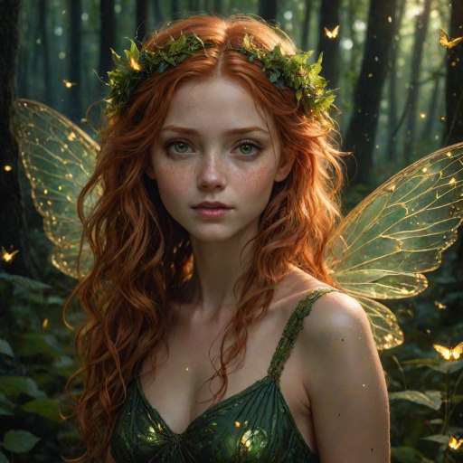detailed face and eyes, fairy with wings, ginger hair, messy hair, dress, fireflies, forest, green eyes