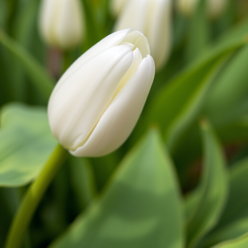 Close-up of a white tulip with soft, blurred green leaves in the background, captured with a DSLR camera, 50mm lens, aperture f/2.8, shutter speed 1/100, ISO 100, natural light.
