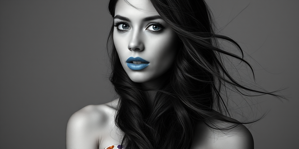 Photographic image of a beautiful young Mapuche woman, cyan eyes, lips with cyan lipstick, long hair fluttering in the wind and wearing a silk strapless dress with a soft purple and orange print. monochrome image with only color highlights in the iris of the eyes, lipstick and dress. Gray background.