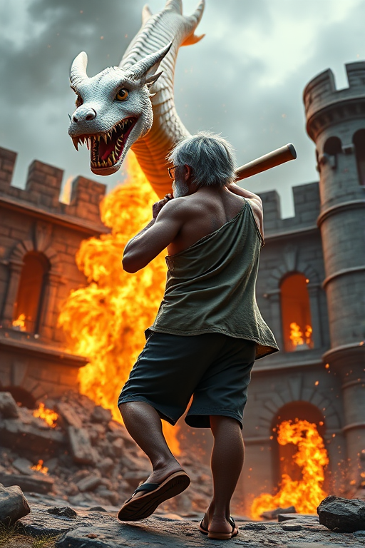 Cartoon 3D High-Resolution,dynamic battle scene using Unreal Engine 5 and Octane Render. The scene features back of an elderly, thai man with a beard,messy hair and round golden-rimmed glasses. He is wearing a tattered tank top with soot marks, shorts, and sandals. sweating. he wields a baseball bat. He jump to fight with a white fire-breathing Europe dragon amidst a partially destroyed stone castle. Include intense flames, smoke, and debris to enhance the dramatic effect.