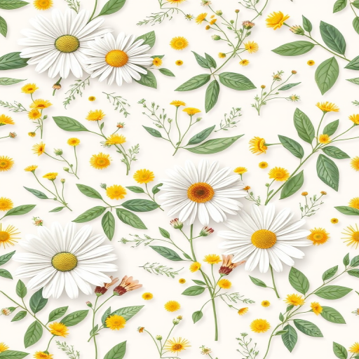 create a seamless pattern of various flowers and green leaves featuring white daisies, yellow flowers, and delicate foliage on a light background