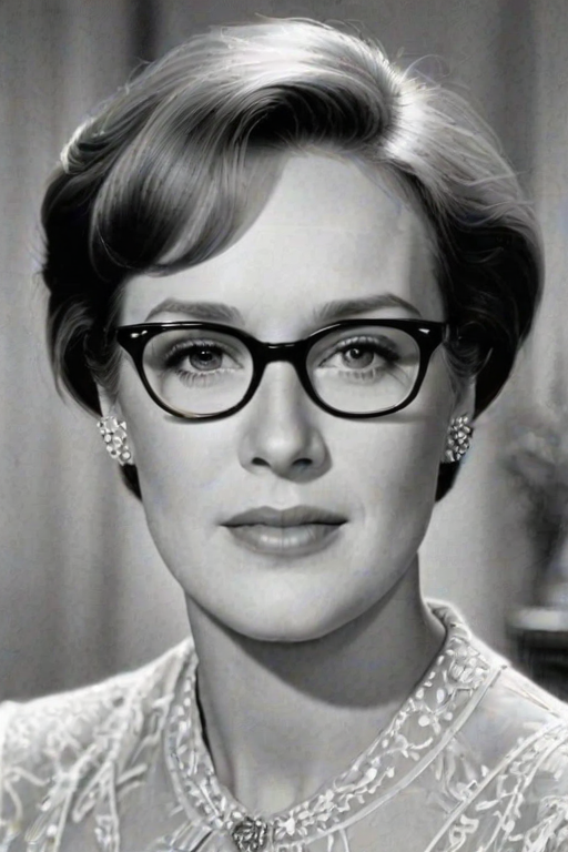 Captivating Julie Andrews, pencil sketch, portrait of Radiant woman 1946s in glasses, hair style beatnik, outline, clear lines, fine lines, 8k