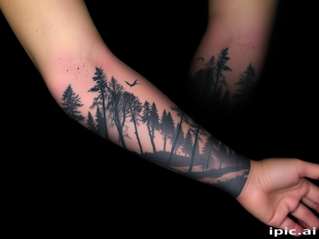 Ethereal negative space tattoo covering the entire arm, revealing a cosmic scene within the silhouette of a forest, utilizing clever use of empty space and black ink to create a captivating contrast