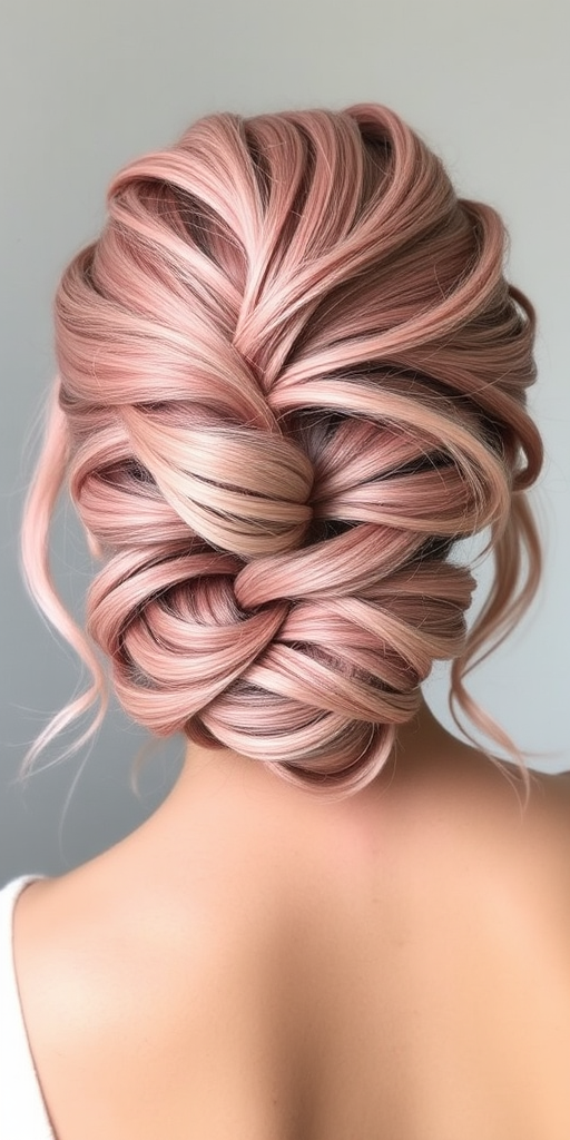 Dusty rose French twist with loose, face-framing tendrils, known as "Vintage Blush," featuring a soft, romantic silhouette and a matte, powdery finish