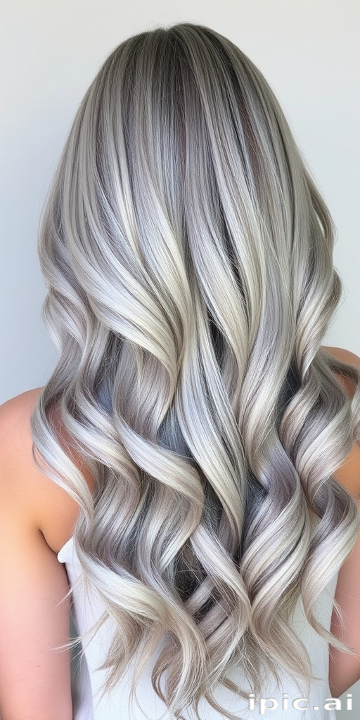 Ethereal hair style presenting waist-length silver-gray strands styled in loose mermaid waves with subtle metallic accents