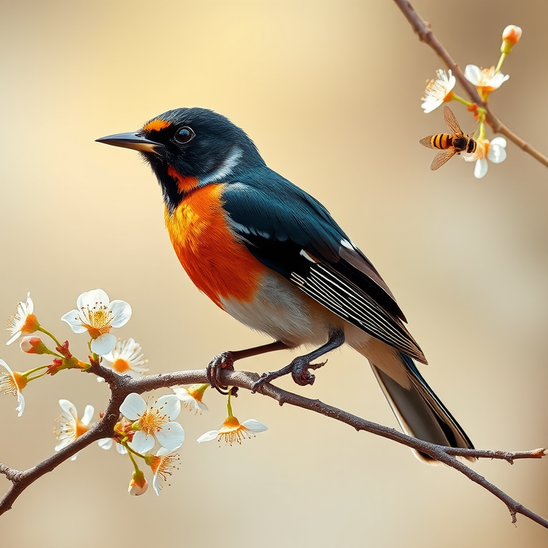 Regenerate a vibrant illustration of a bird with a black and orange plumage perched on a branch with delicate white flowers and a bee, using a Canon EOS 5D Mark IV with a 50mm lens, f/2.8 aperture, ISO 100, and natural light for enhanced clarity and color richness.