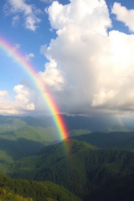 Generate a high-resolution landscape image of a vibrant rainbow arching over lush green mountains under a partially cloudy sky, captured with a DSLR camera at 24mm, f/8 aperture, ISO 100, in natural lighting, wide-angle view.