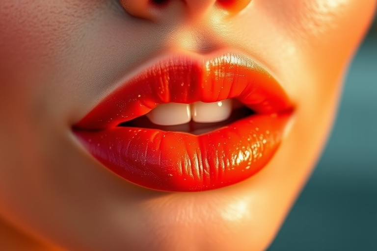 Vibrant coral sunset lips with shimmering gold flecks, called "Tropical Twilight," featuring a glossy finish and subtle ombré effect, perfect for beach-inspired makeup looks