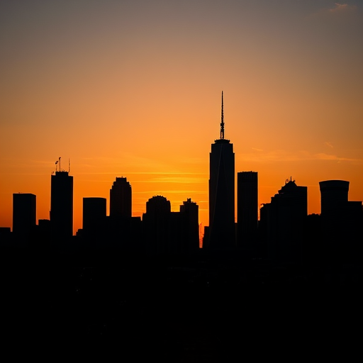 Create a high-resolution silhouette of a city skyline at sunset, shot with a Canon EOS R5 at 50mm, f/8, ISO 100, using a wide-angle lens from a low angle to enhance detail and depth.