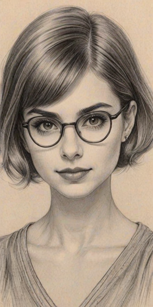 Appealing Sami Gayle, pencil sketch, portrait of Bewitching woman 1929s in glasses, hair style beatnik, outline, clear lines, fine lines, 8k
