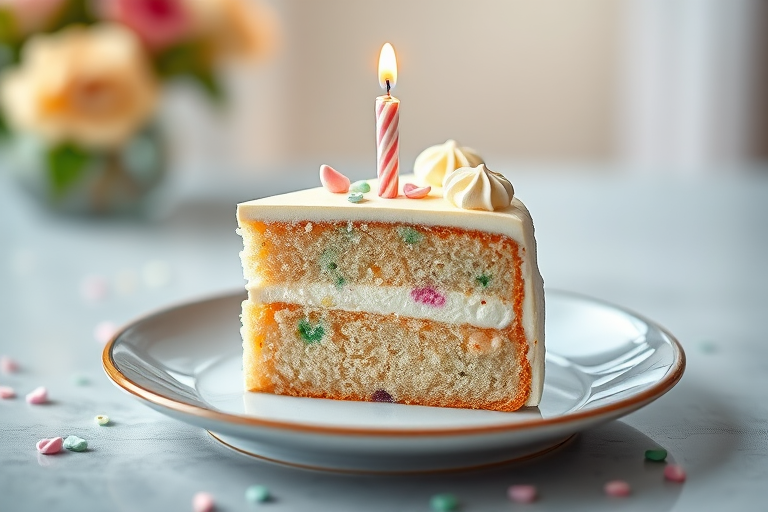 Create a high-resolution pixel art image of a slice of cake on a plate, decorated with pastel colors and a candle on top, using a digital camera with a 50mm lens, aperture f/2.8, ISO 200, and a shallow depth of field for a soft background effect.