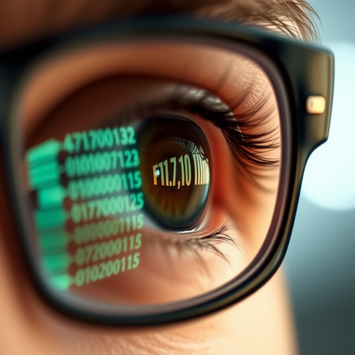High-resolution close-up of an eye with digital code reflected in glasses, shallow depth of field, 50mm lens, f/1.8 aperture, 1/200s shutter speed, ISO 100, soft bokeh background.