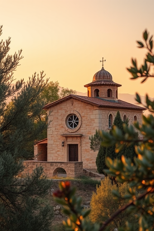 Capture an ancient stone church nestled among olive trees during golden hour with a DSLR camera using a 24mm lens at f/8, ISO 200, shutter speed 1/60 sec, in landscape orientation, ensuring vibrant colors and clear details.