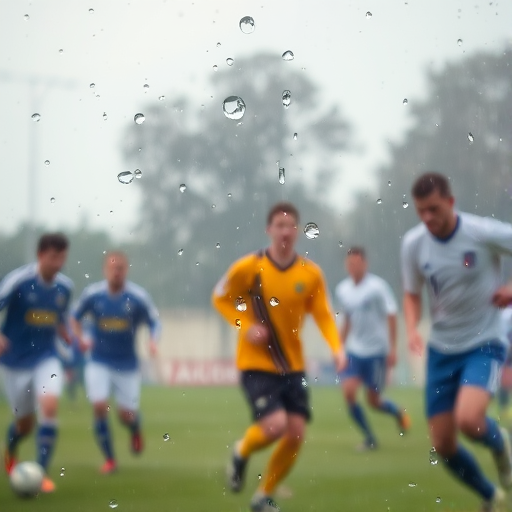 Blurry candid photo of a soccer game on a rainy afternoon, water droplets in mid-air, with the players' intense expressions barely visible through the downpour.