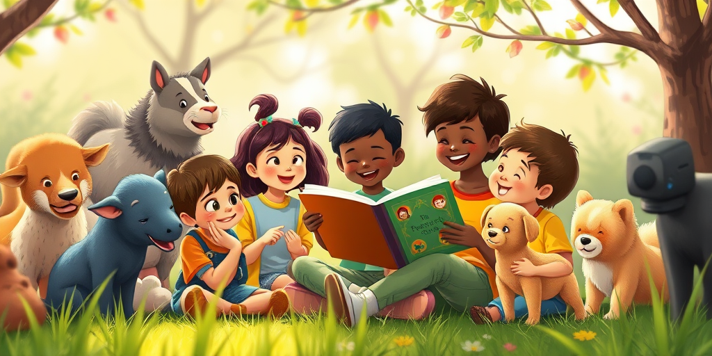 Create a vibrant illustration of a person reading to a group of diverse children and animals in a joyful outdoor setting, with a soft focus lens, using a Canon EOS R5, 50mm f/1.8 lens, aperture set to f/4, ISO 100, and natural lighting for enhanced clarity and color vibrancy.