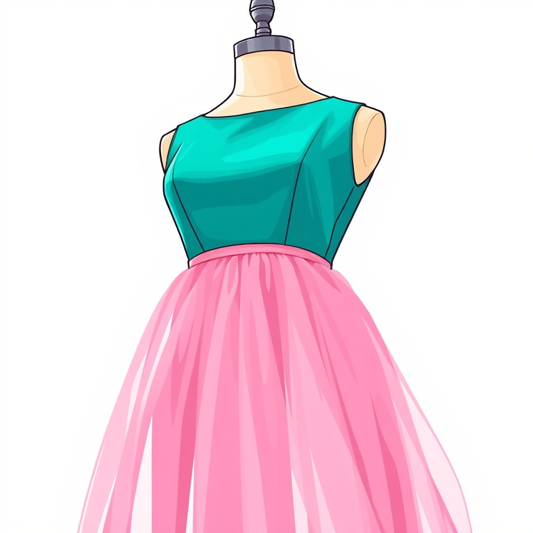 Create a vibrant illustration of a dress on a mannequin with a teal top and pink skirt, using a close-up camera view, aperture f/2.8, ISO 100, and a DSLR camera style for enhanced detail and color contrast.