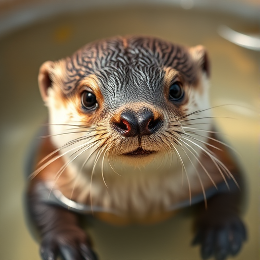 Close-up of a wet otter in a water bowl, soft natural lighting, f/2.8 aperture, 1/200 sec shutter speed, ISO 200, 50mm lens, DSLR camera, shallow depth of field for a creamy background effect.
