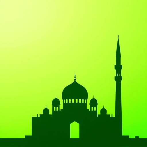 Design a minimalist silhouette of a mosque with a dome and minaret, set against a vibrant green background, using a DSLR camera with a 50mm lens, f/1.8 aperture, ISO 100, natural lighting, and a shallow depth of field for a crisp focus on the architecture.