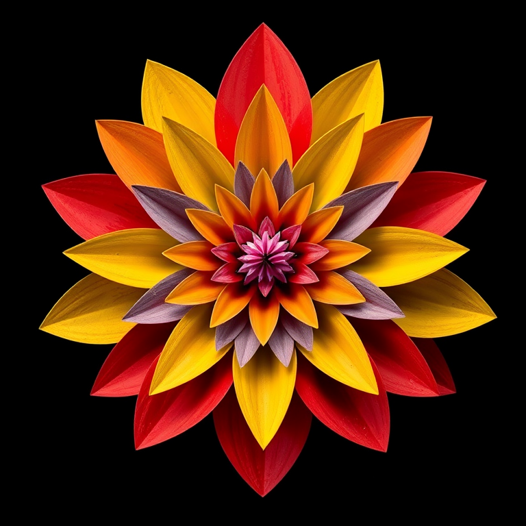 create a vibrant geometric flower design with layered petals in a variety of colors, set against a plain black background, captured using a DSLR camera at f/8 aperture, 1/60 sec shutter speed, ISO 100, with a macro lens to enhance detail and clarity.
