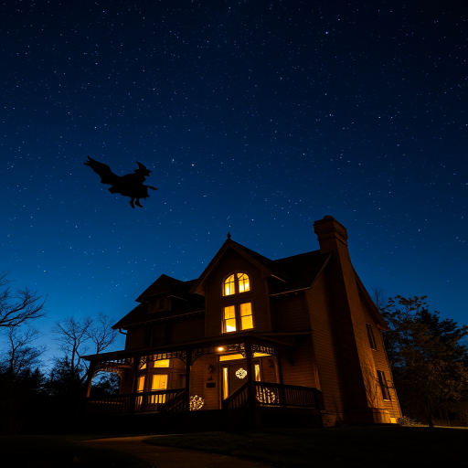 haunted house under a starry night sky with a witch flying by, long exposure, f/2.8 aperture, ISO 800, 24mm lens, tripod mounted, twilight lighting, digital photography