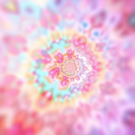 Create a vibrant abstract fractal image with pastel colors, using a DSLR camera with a 50mm lens, aperture f/2.8, ISO 100, and a slight soft focus to enhance the dreamy effect.