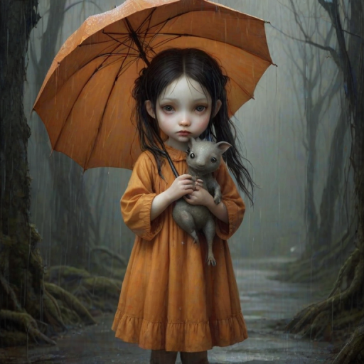 An eerie, weird little girl with dark hair in thin pigtails, wearing a smock dress, standing in the rain, holding a dirty orange umbrella, a small, odd creature beside her. In a surreal style inspired by Nicoletta Ceccoli and Brian Froud. Dark fantasy themes