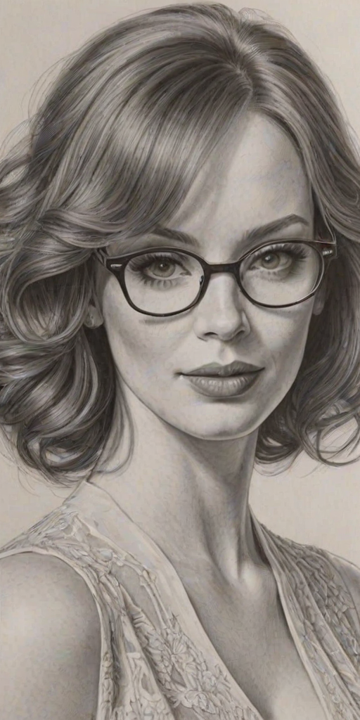 Dazzling Christina Hendricks, pencil sketch, portrait of Exquisite woman 1972s in glasses, hair style beatnik, outline, clear lines, fine lines, 8k