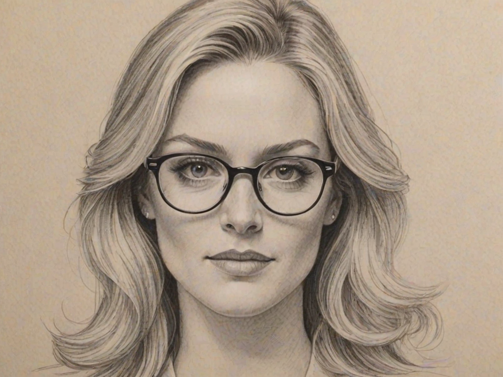 Stunning Elisabeth R'hm, pencil sketch, portrait of Beauteous woman 1979s in glasses, hair style beatnik, outline, clear lines, fine lines, 8k