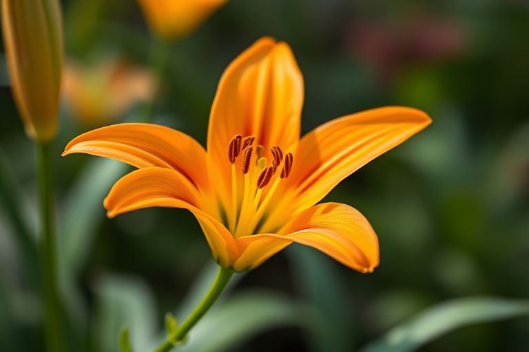Capture a close-up of a vibrant orange lily flower in full bloom, using a DSLR camera with a 50mm lens, aperture set to f/2.8 for a shallow depth of field, ISO 100 for clarity, in natural light with soft focus background to enhance the colors and details.