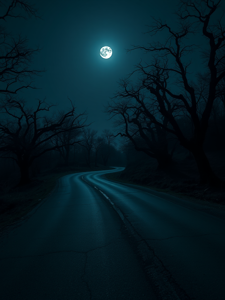 Create a high-resolution image of a dark, eerie landscape featuring a winding road with cracked pavement under a full moon, surrounded by gnarled, leafless trees, captured at night with a Canon EOS R5, f/8 aperture, ISO 100, 30-second exposure, wide-angle lens, and soft focus for a mystical atmosphere.