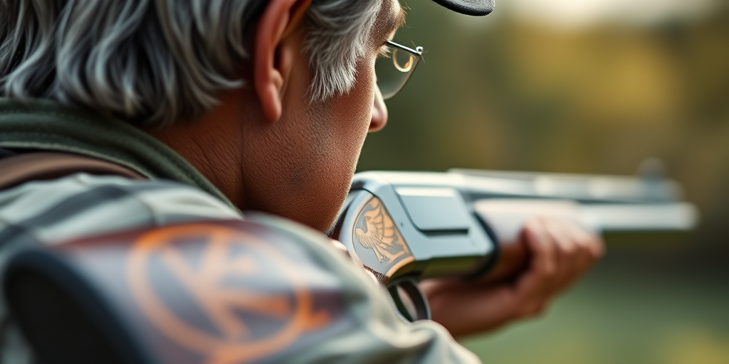Capture a close-up of a man with greying hair holding a beautifully engraved shotgun against his shoulder, with a blurred natural background, using a Canon EOS R5, aperture f/2.8, ISO 200, shutter speed 1/200s, in soft natural light, with a shallow depth of field for a bokeh effect.