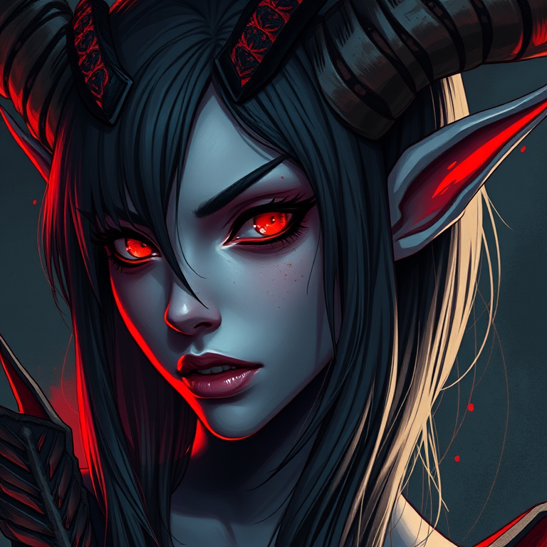Create a vibrant illustration of a dark, horned female character with striking red accents and intense eyes, captured using a DSLR camera at f/1.8, ISO 100, 50mm lens, in a close-up shot to emphasize details and texture with dramatic lighting.