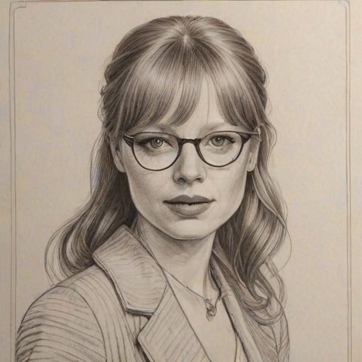 Delightful Lauren Ambrose, pencil sketch, portrait of Enticing woman 1920s in glasses, hair style beatnik, outline, clear lines, fine lines, 8k
