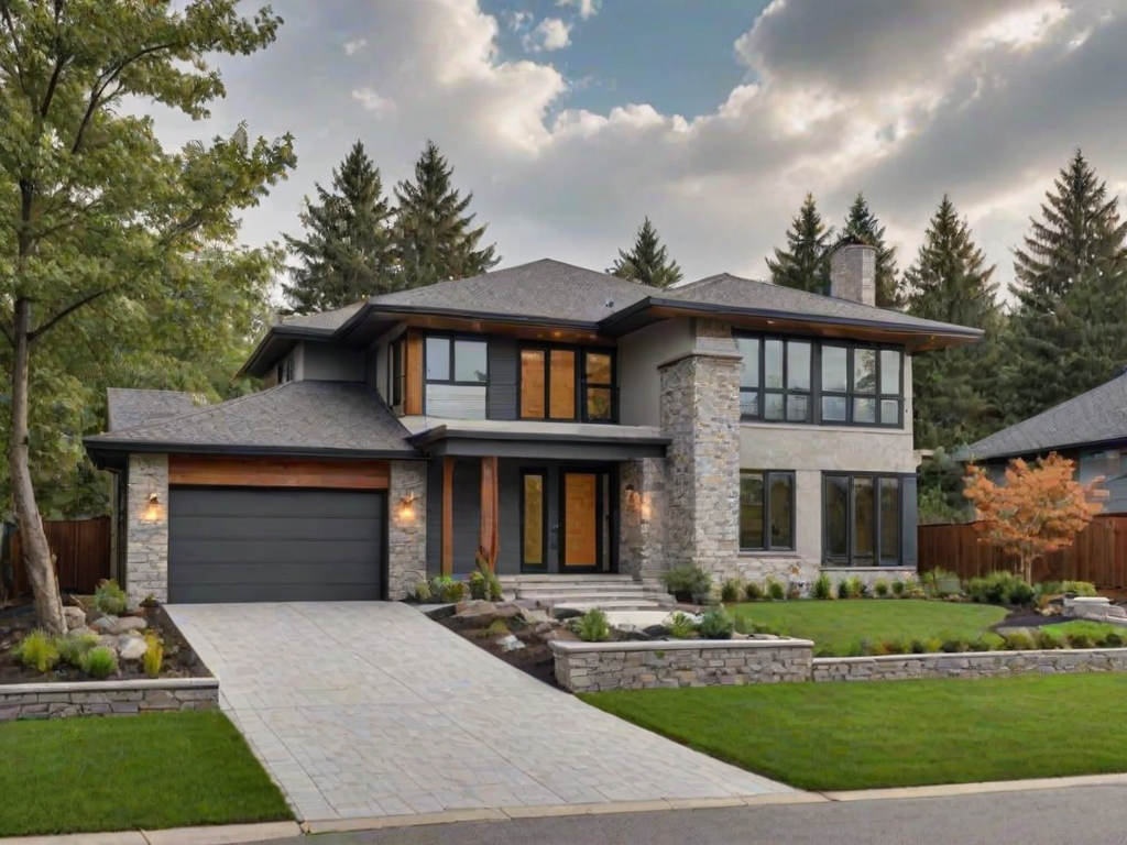 regenerate an image of a modern house with a sloped roof, stone accents, a front porch, surrounded by greenery, and a car parked in the driveway, set in a serene environment with a cloudy sky