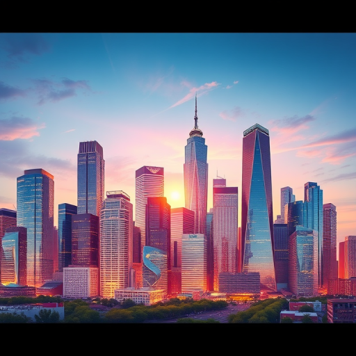 Create a high-resolution digital illustration of a modern city skyline featuring various skyscrapers, captured in a wide-angle view with a DSLR camera at f/8 aperture, 24mm focal length, ISO 100, with vibrant colors and enhanced details for clarity.