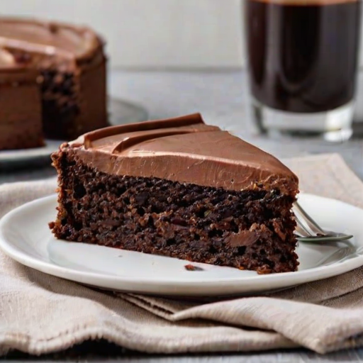 Generate an image of a slice of chocolate cake on a white plate. The cake has a rich, dark chocolate layer with creamy brown frosting on top. Include a fork beside the plate and a glass of milk in the background. The setting should have a soft, neutral tablecloth and a warm, inviting atmosphere.