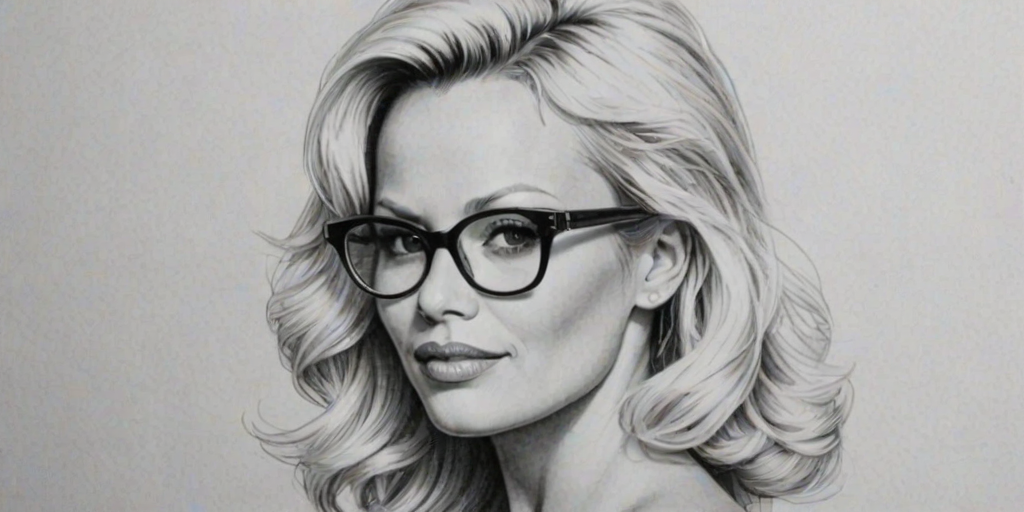 Alluring Pamela Anderson, pencil sketch, portrait of Wonderful woman 1936s in glasses, hair style beatnik, outline, clear lines, fine lines, 8k