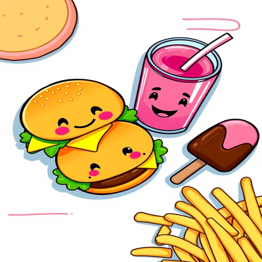Create a colorful vector illustration of a cheerful cartoon-style meal with two smiling burgers, a bright pink drink with a straw, and a chocolate-dipped ice cream bar, camera type: digital, camera style: flat lay, camera view: top-down shot, aperture: f/2.8, ISO: 100, shutter speed: 1/60s.