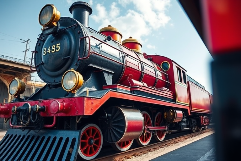 Create a detailed image of an antique steam locomotive with vibrant colors and intricate steam details, captured in sharp focus at f/8 aperture, ISO 100, 1/250 sec shutter speed, using a wide-angle lens, shot from a low angle to emphasize the train's grandeur, in natural daylight for enhanced clarity.
