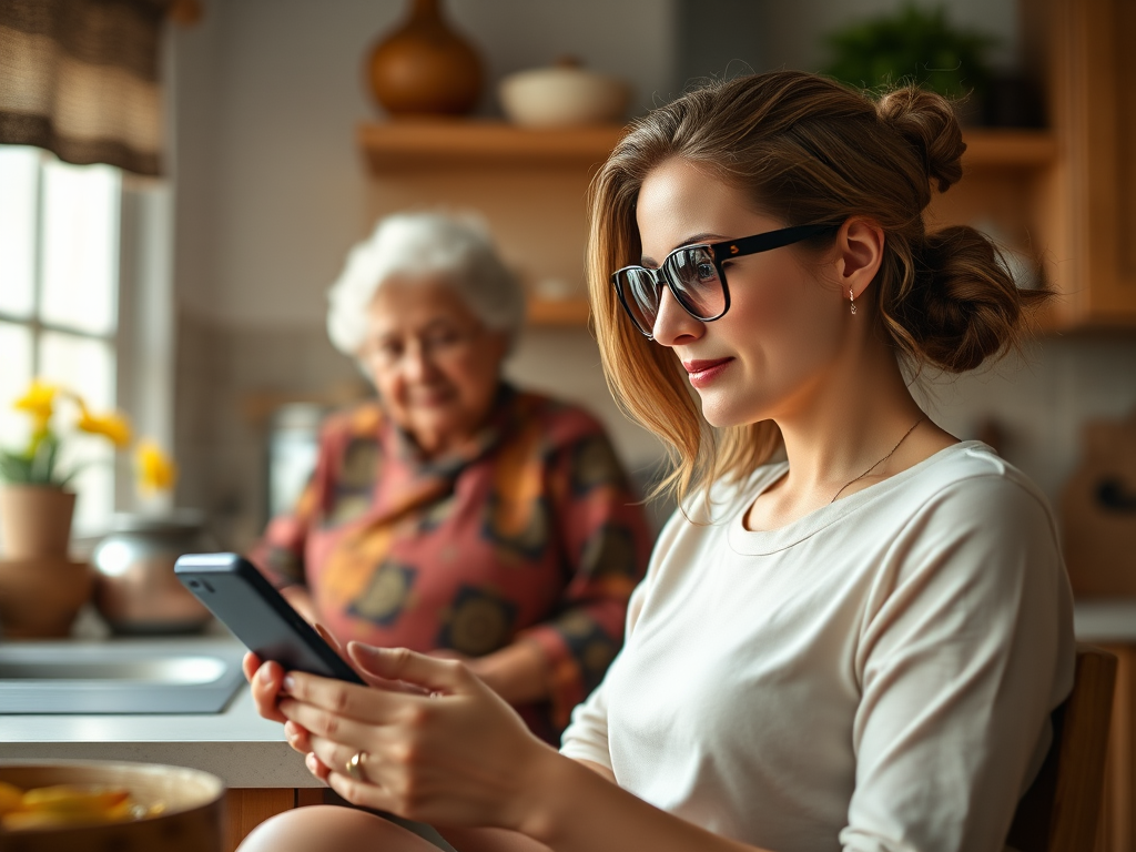 Regenerate an image of a young woman in stylish sunglasses sitting in a kitchen, looking at her smartphone, with an elderly woman in traditional clothing standing behind her, soft natural lighting, depth of field, 35mm lens, ISO 200, f/2.8, shot at 1/125s, warm color grading for a cozy atmosphere.